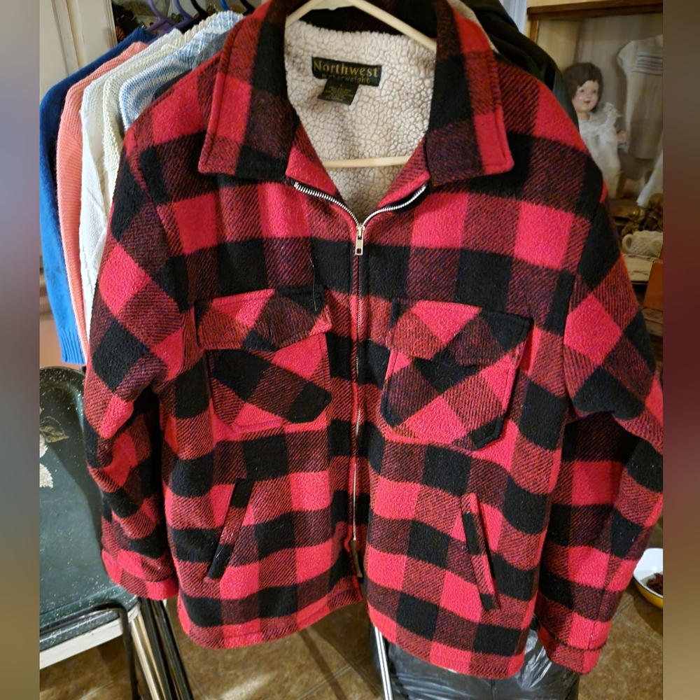 Red & Black checkered, fleece lined flannel coat